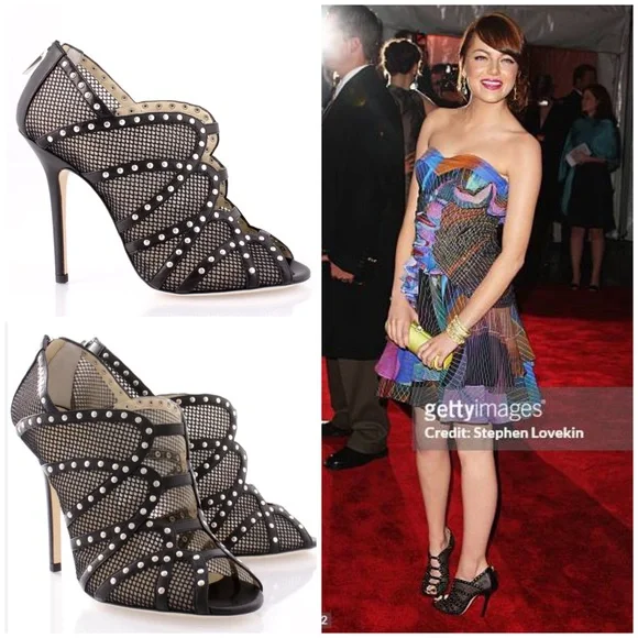 SOLD Jimmy Choo Karina Black Fishnet Studded Calf Leather Cage Heels with Box 37 - Picture 1 of 16